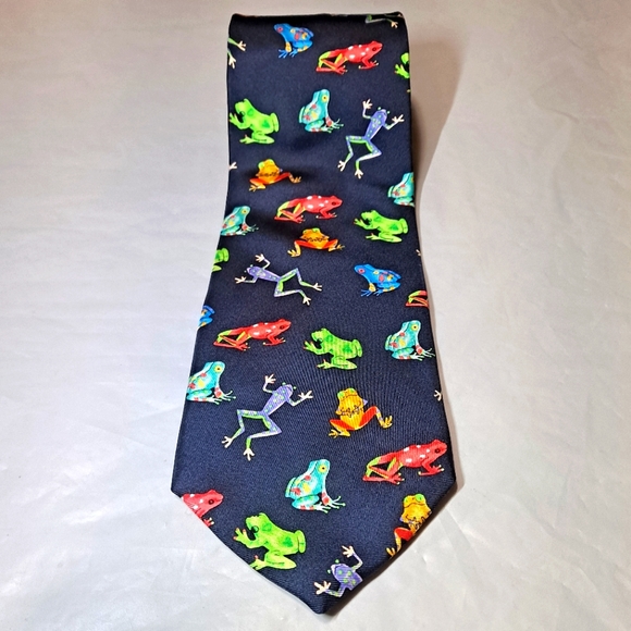 Alynn Neckwear Frogs 💯 Silk Designer Necktie 57" x 3.75" Blue w/ Multi-colors - Picture 6 of 10